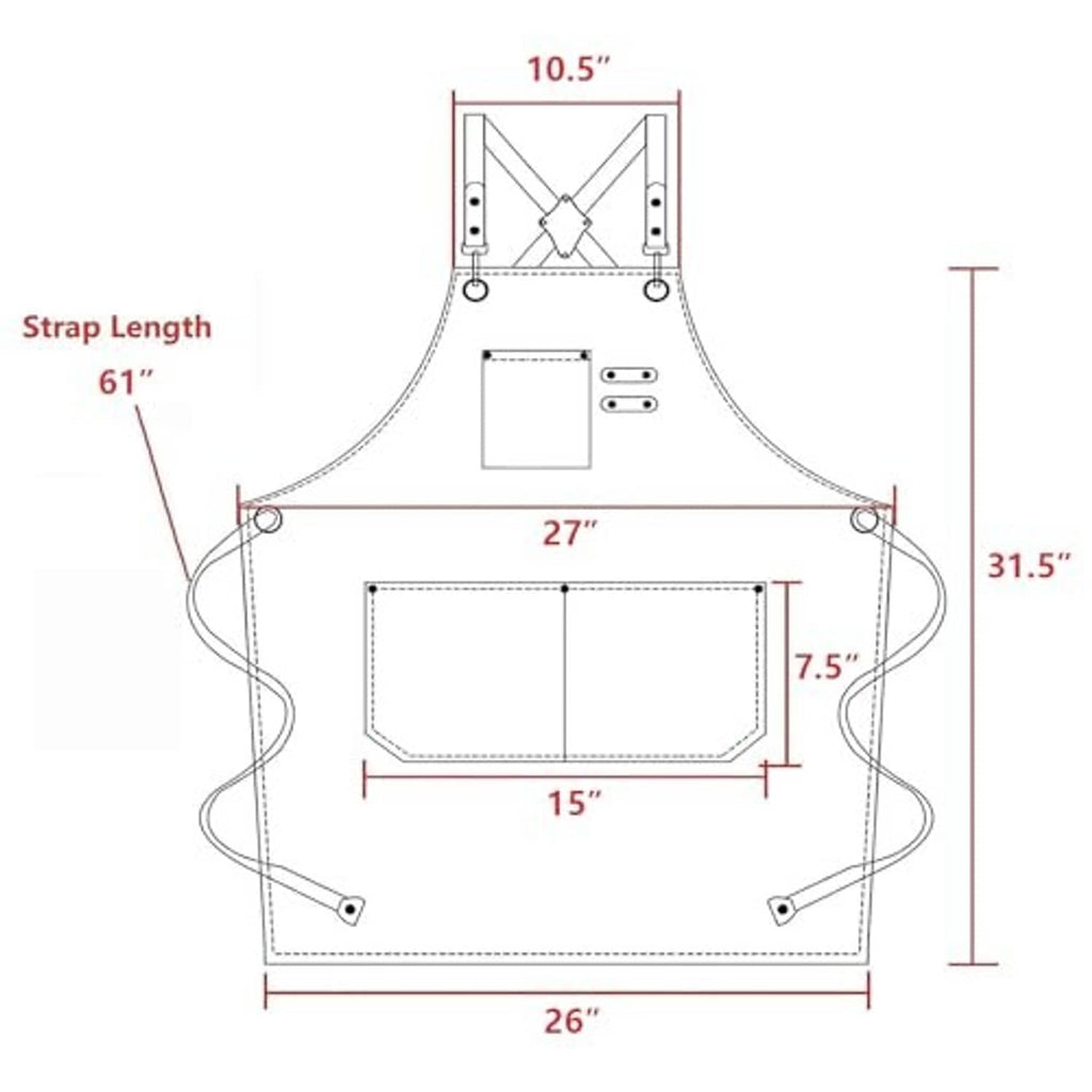 Chef apron size chart diagram with strap length and pocket measurements