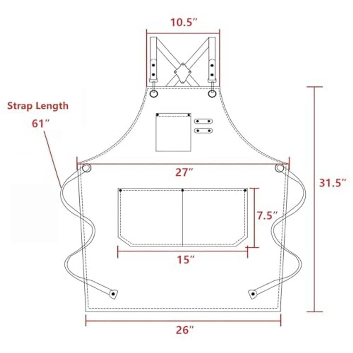 Chef apron size chart diagram with strap length and pocket measurements