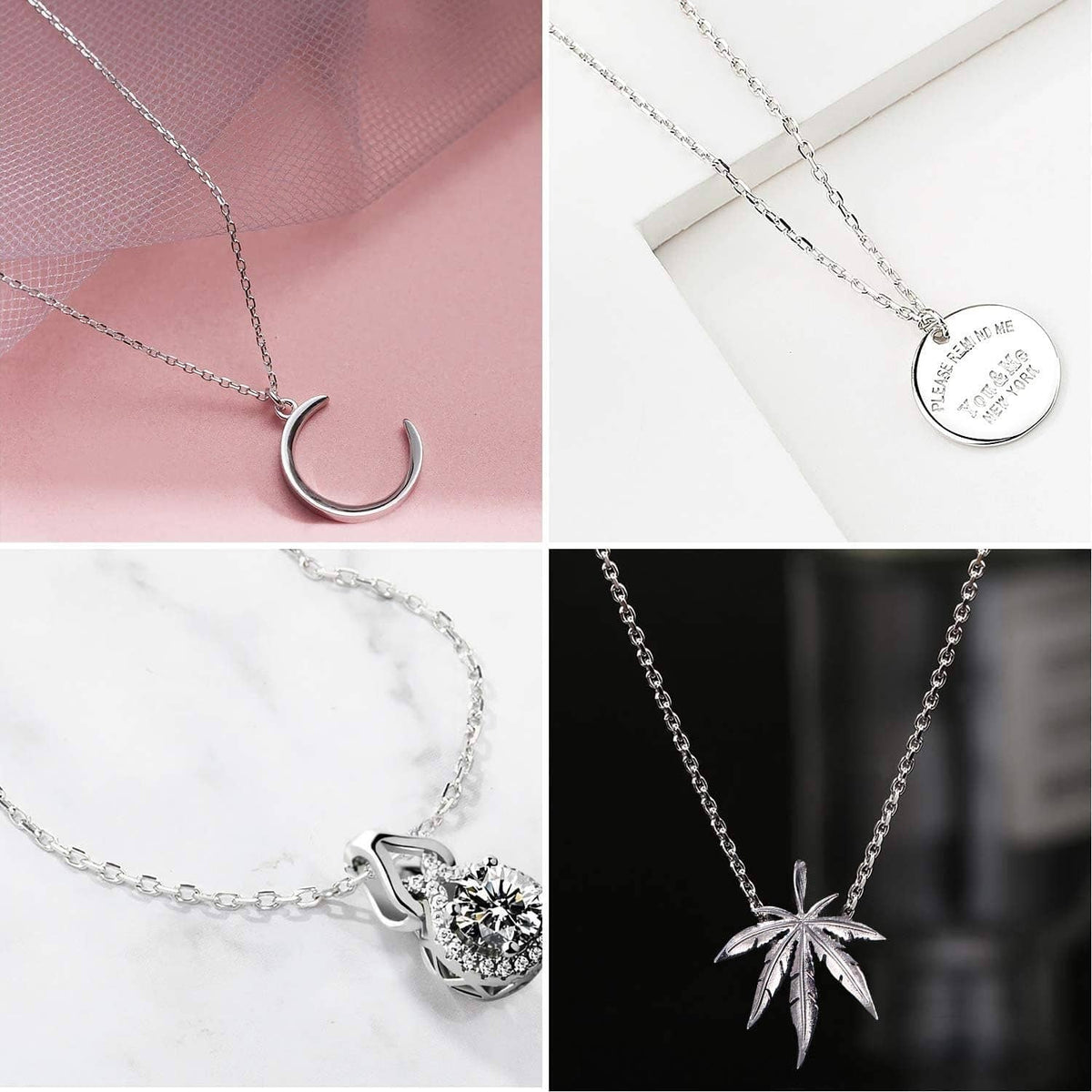 Silver-plated necklace chains with assorted small pendant charms on the ends.