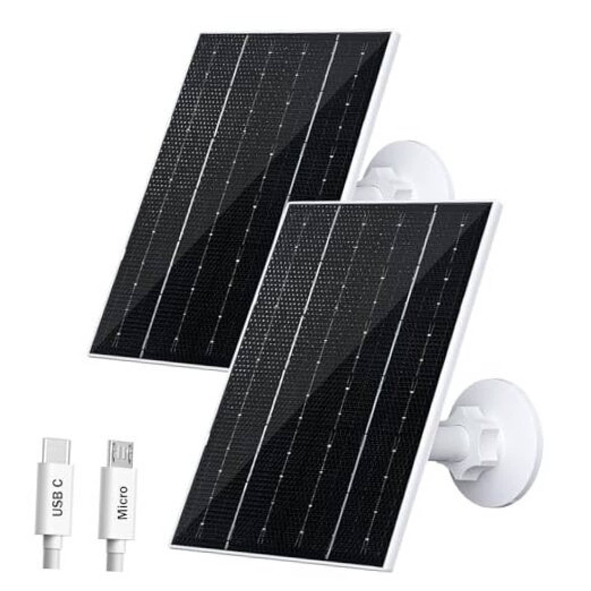 Two black 4W solar panels with white wall mount brackets and USB-C/micro USB cables