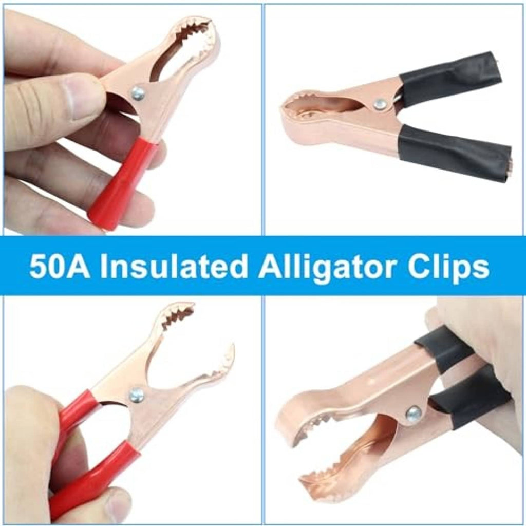 Insulated 50A alligator clips, copper jaws with red and black insulated sleeves