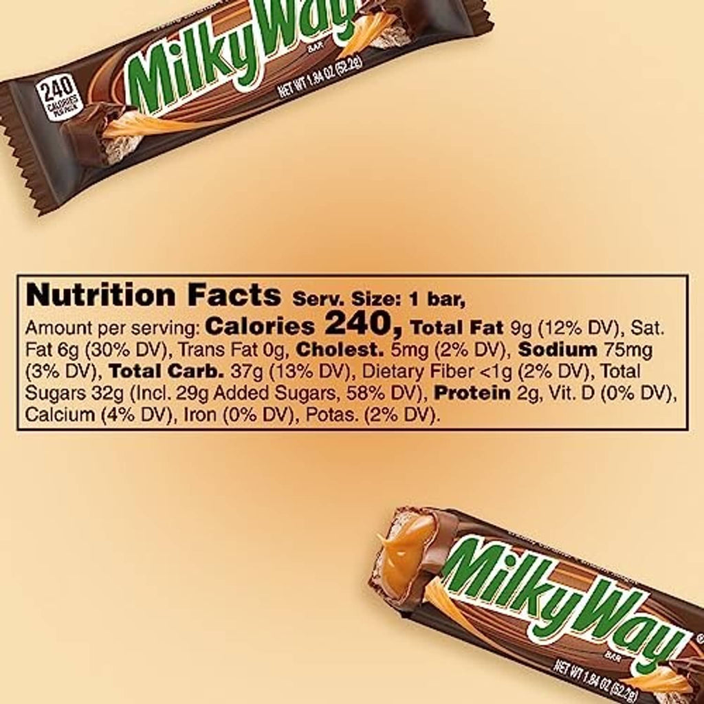 Milky Way bar wrappers with Nutrition Facts panel showing serving size and calories