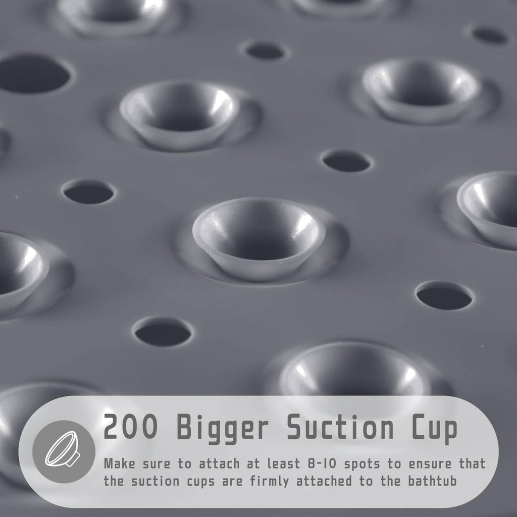 Gray shower mat close-up with suction cup domes and drainage holes for tub grip
