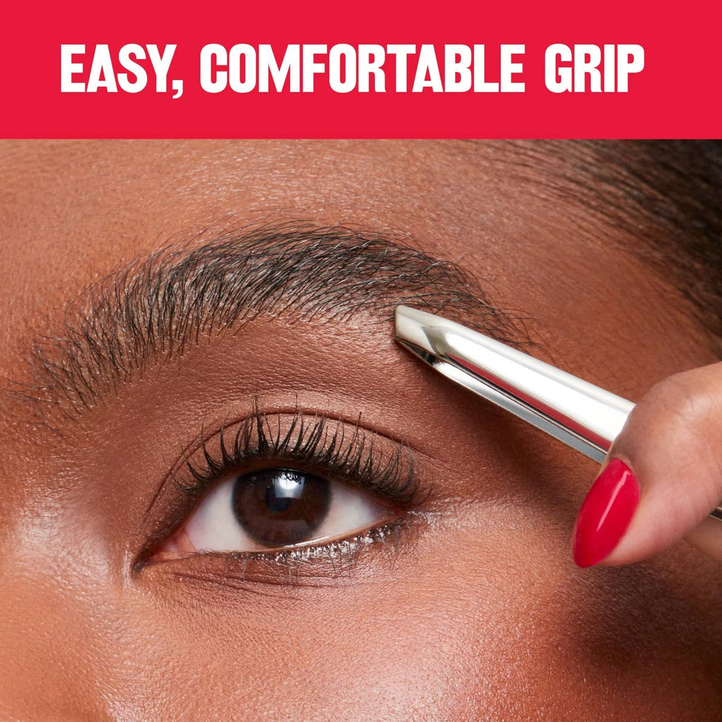 Revlon slant tweezer with red grip tip, holding above an eyebrow area