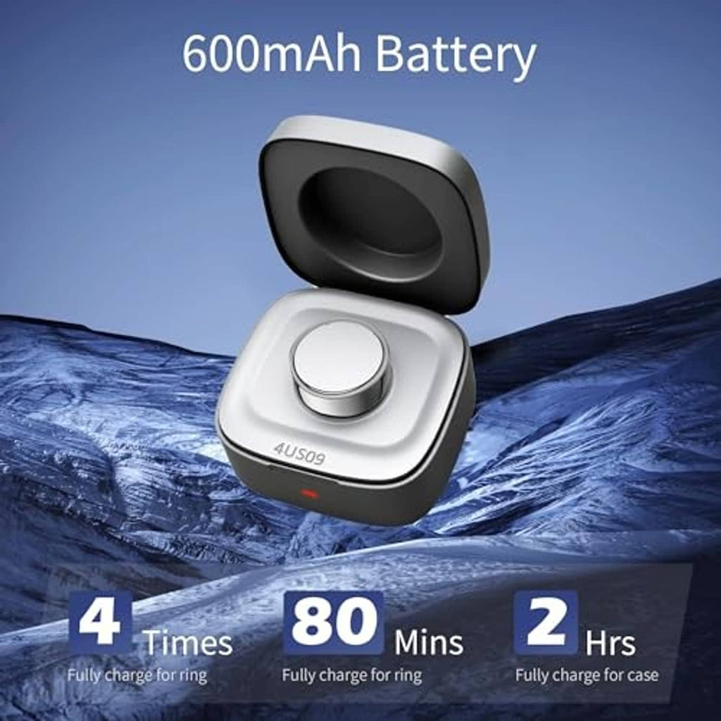 Compact smart ring charger case with lid open and round charging contact in base.