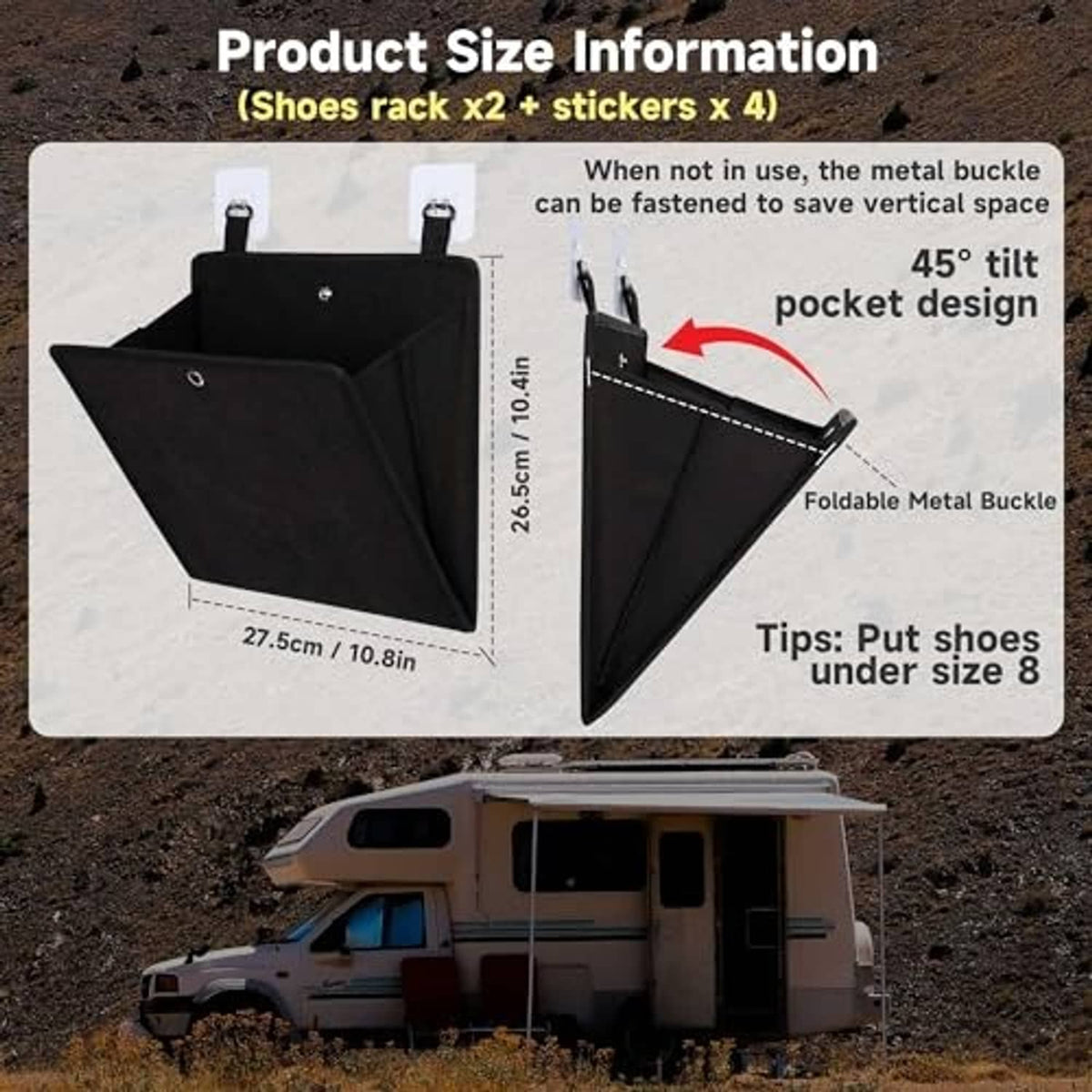 Black foldable shoe storage pocket rack with foldable metal buckle and stitched edges