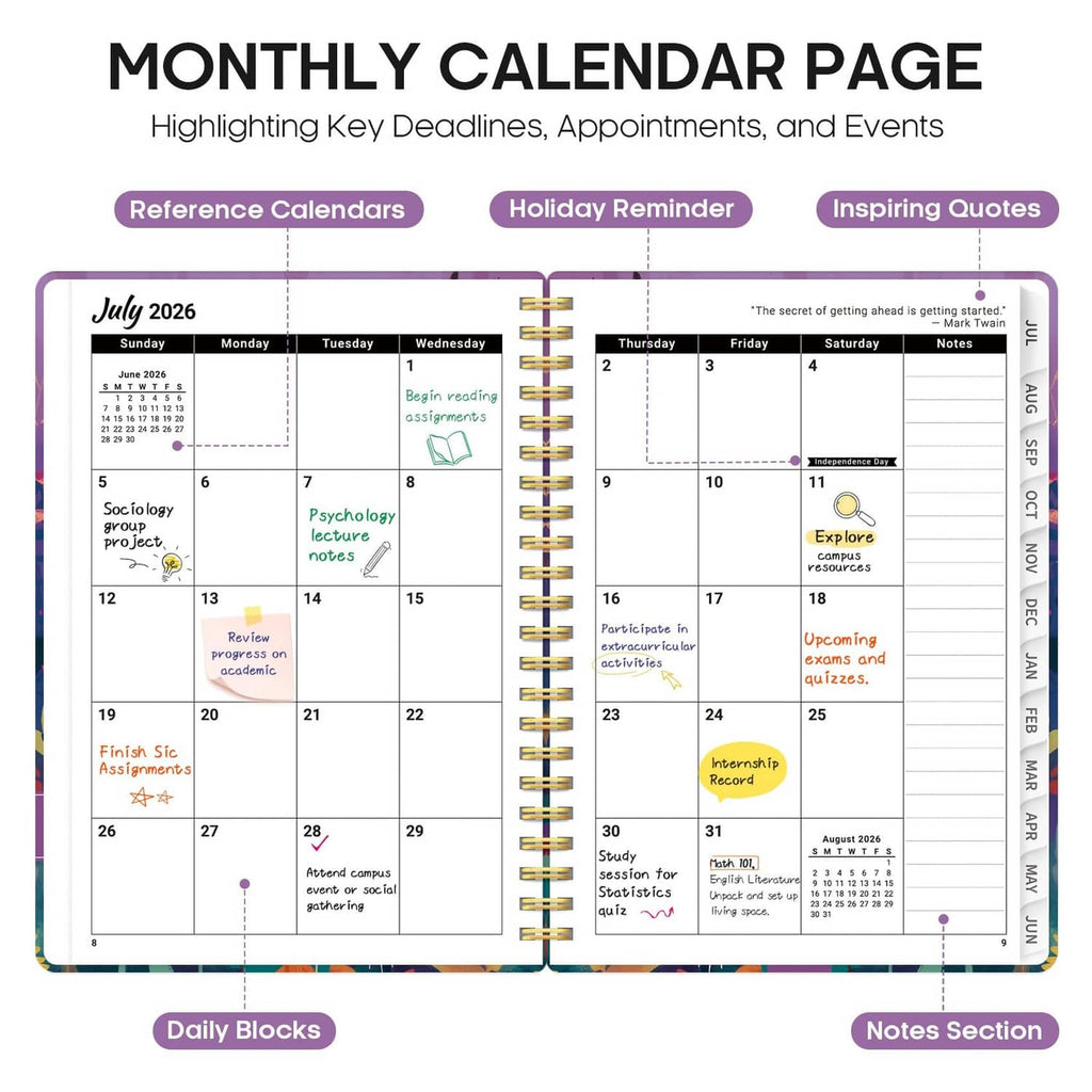 Monthly calendar pages spread with highlighted key dates, reminder stickers, and notes areas
