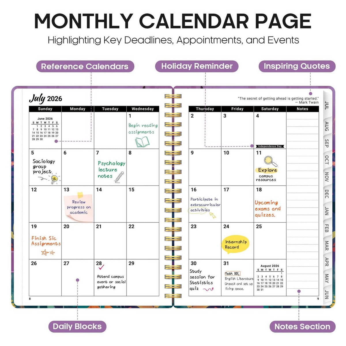 Monthly calendar pages spread with highlighted key dates, reminder stickers, and notes areas