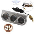 Chrome triple car gauge set with wiring, brass sender, and three round meter faces