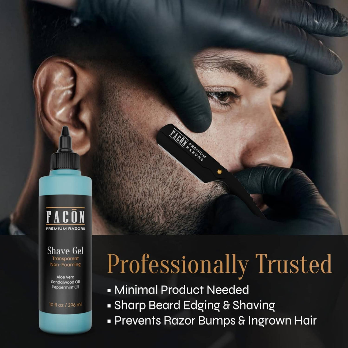 FACON shave gel bottle beside razor and grooming tool in a close-up scene.