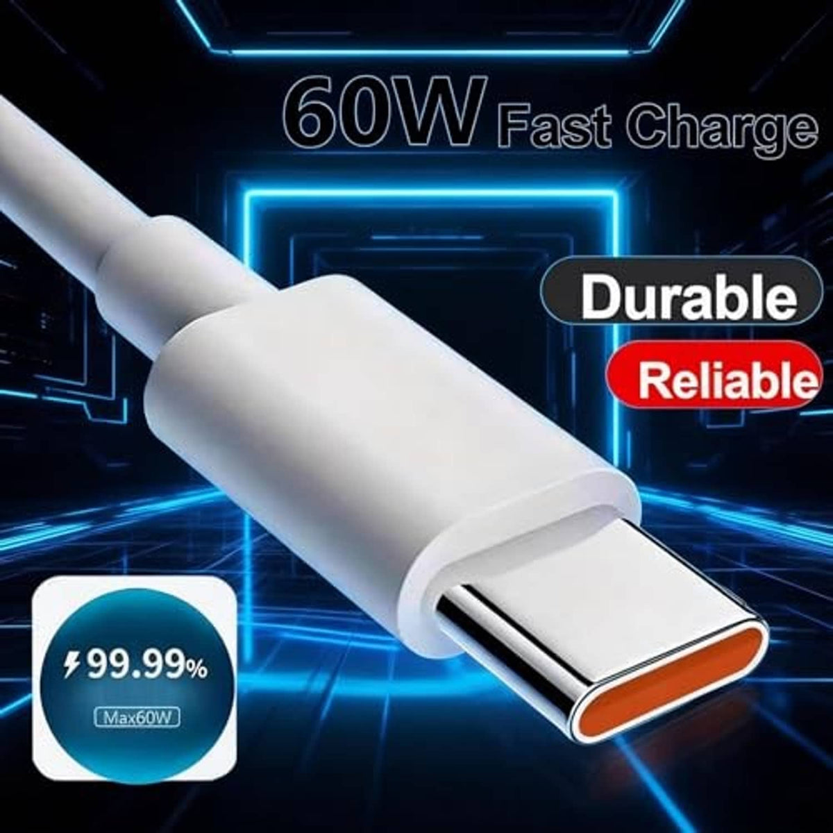 White USB-C connector on charging cable with gold contacts and orange inner edge