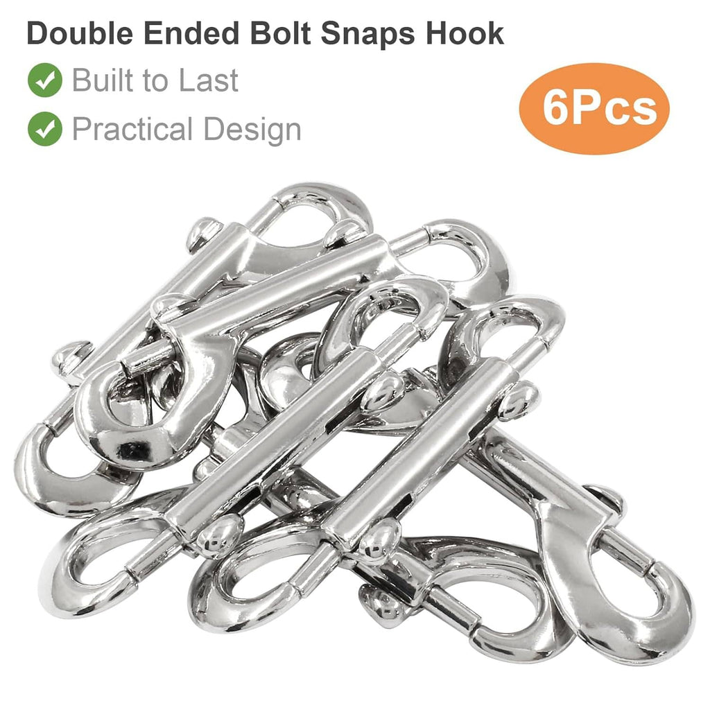 6-pack of silver double-ended bolt snap hooks in a shiny zinc alloy finish