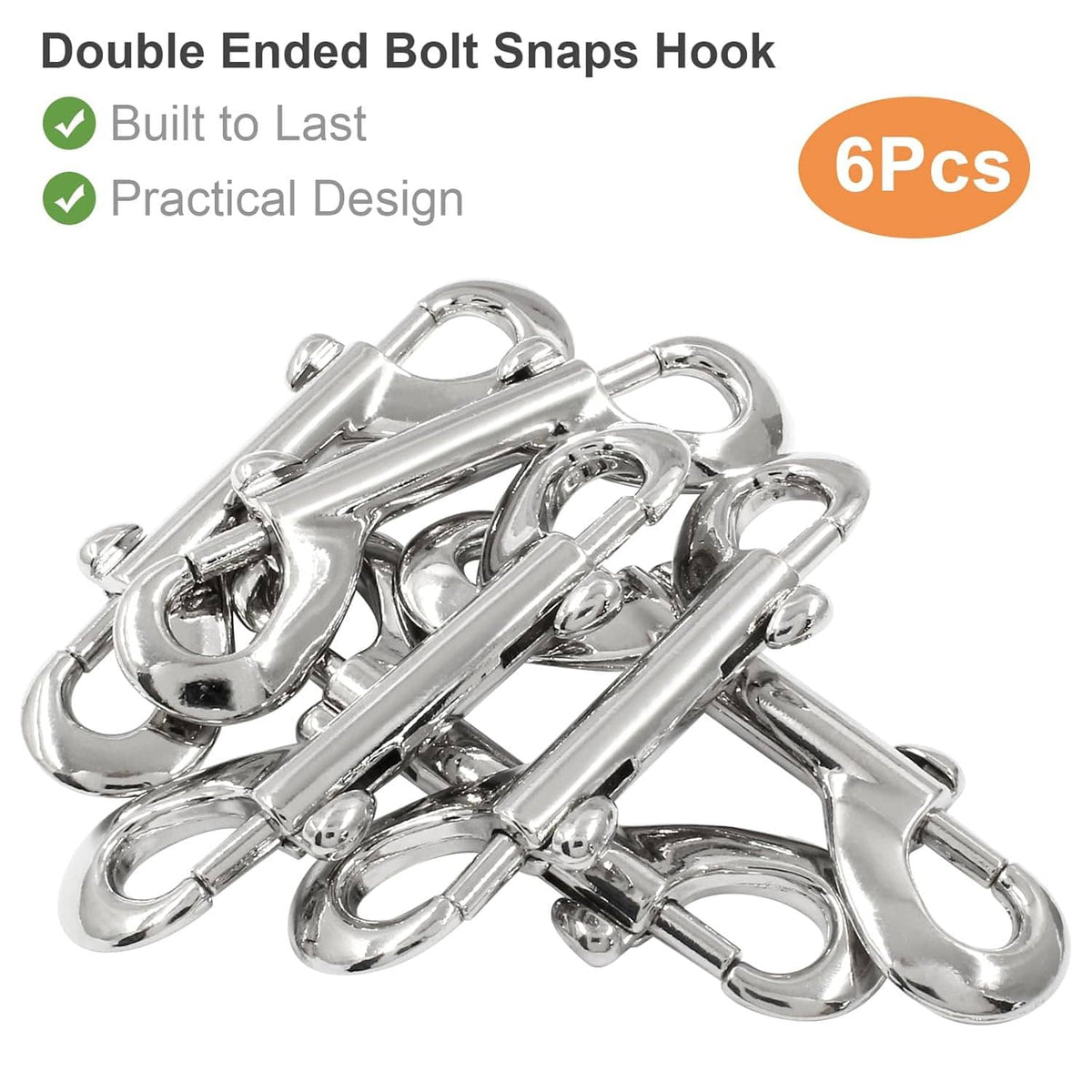 6-pack of silver double-ended bolt snap hooks in a shiny zinc alloy finish