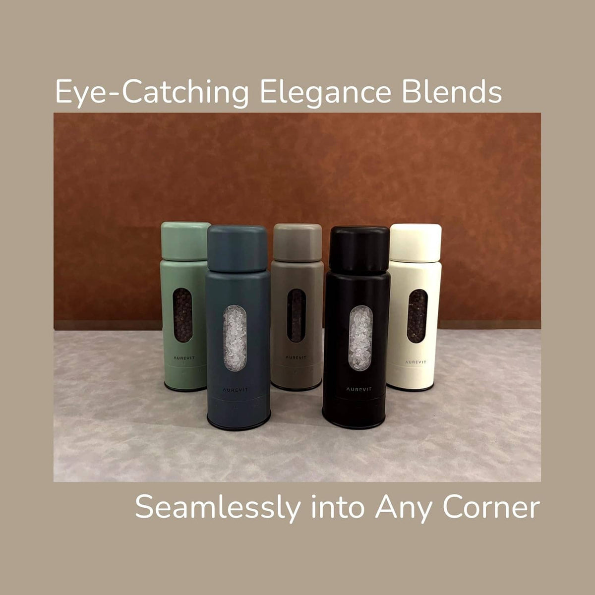 Salt and pepper grinder set shown in multiple colors, arranged side by side