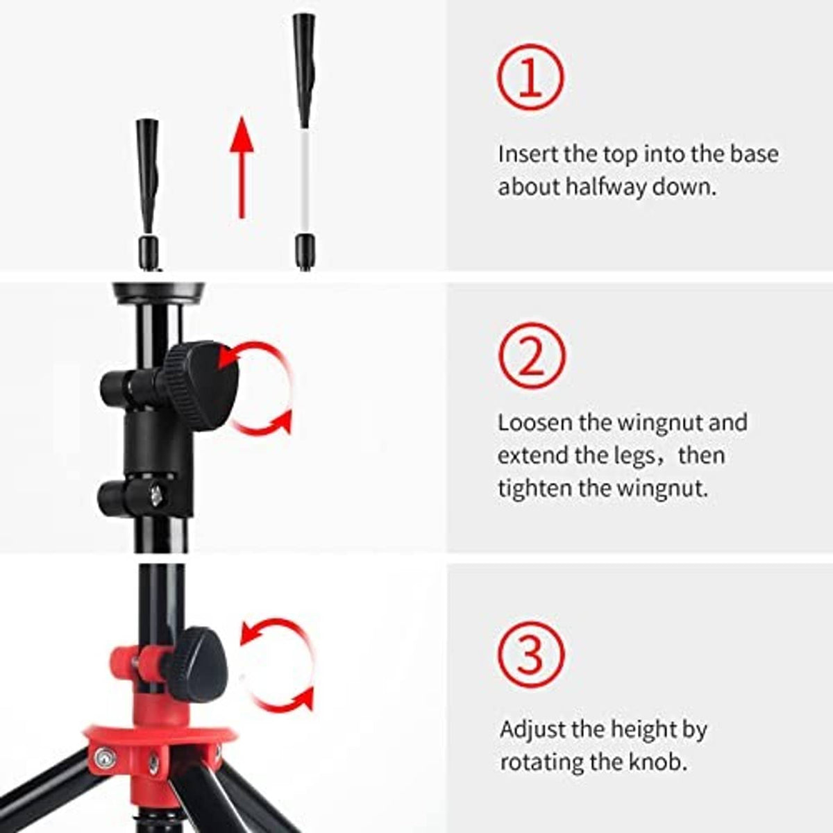 Adjustable baseball tee with black pole, red clamp base, and height wingnut adjustment
