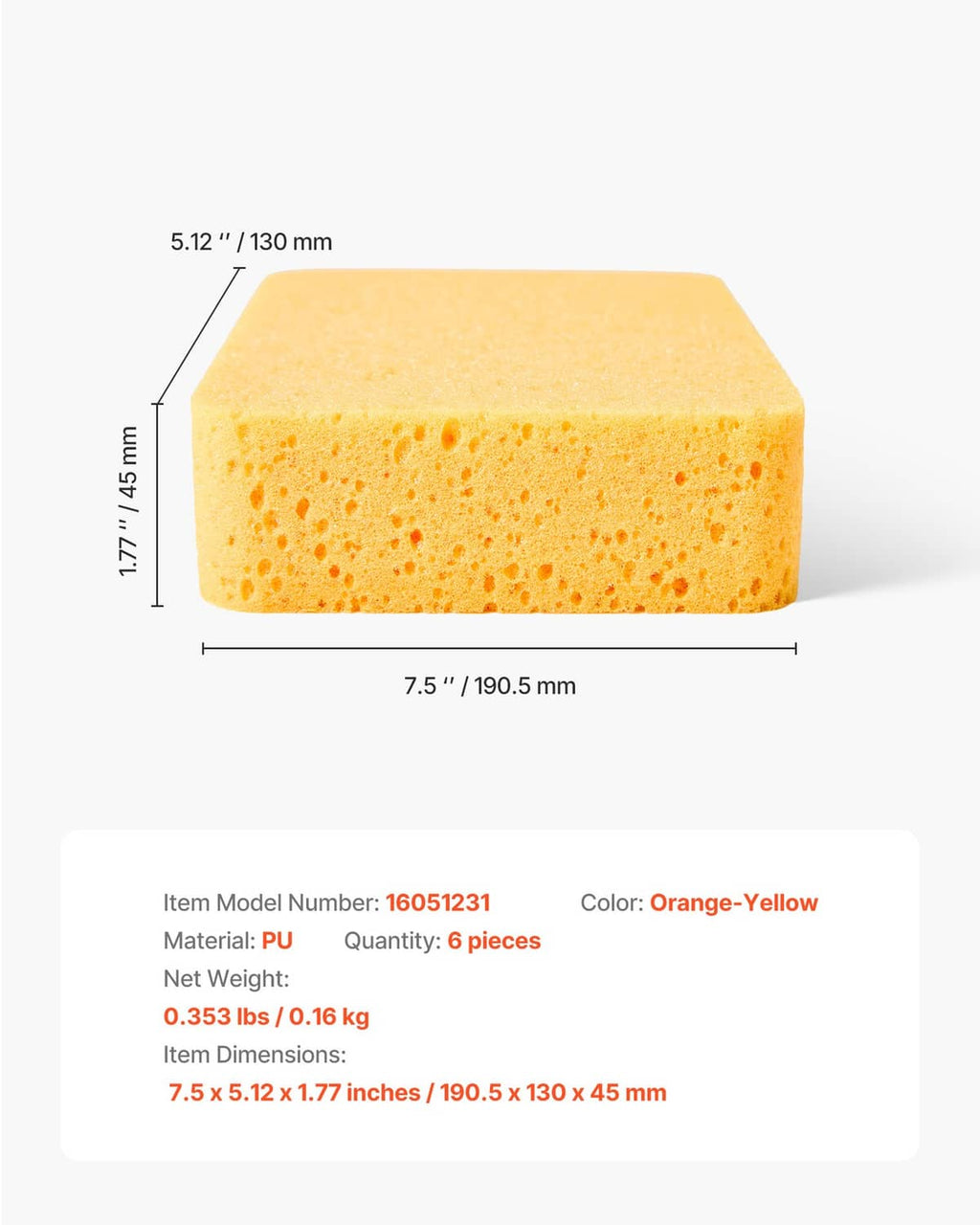 Orange-yellow extra-large foam sponge block with size measurements