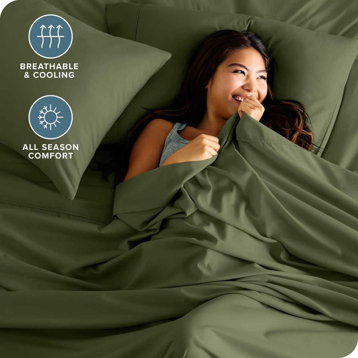 Olive green bed sheet set with pillowcases, shown with neatly made bedding