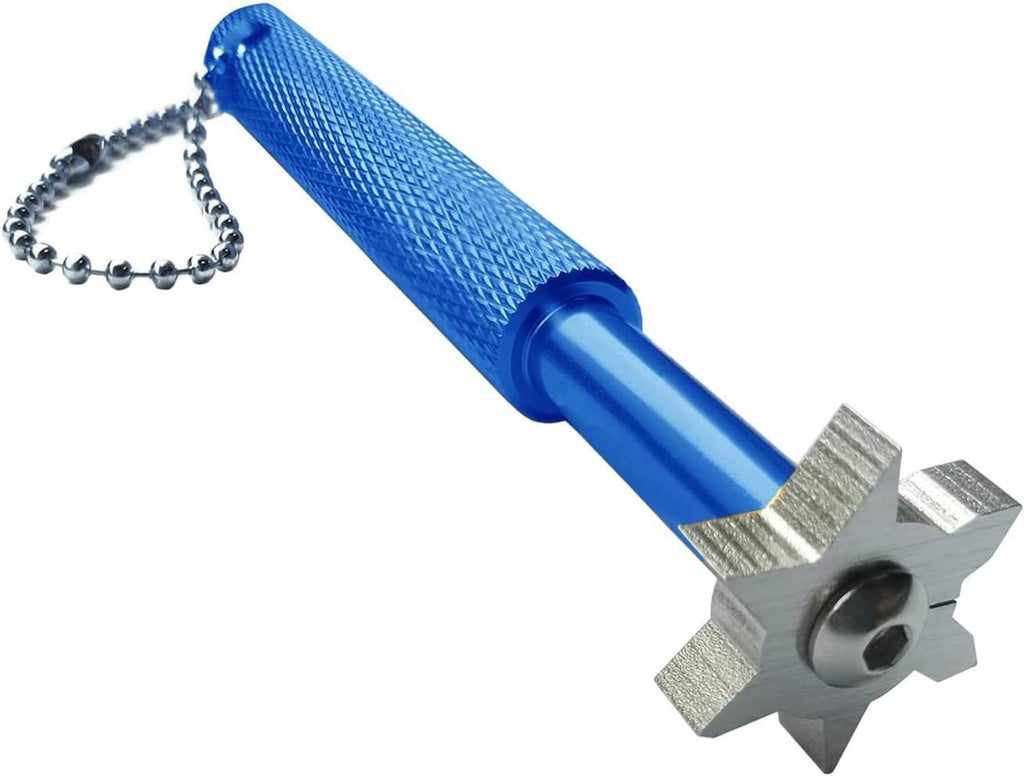 Blue-handled golf club groove sharpener with silver star cutter head and chain