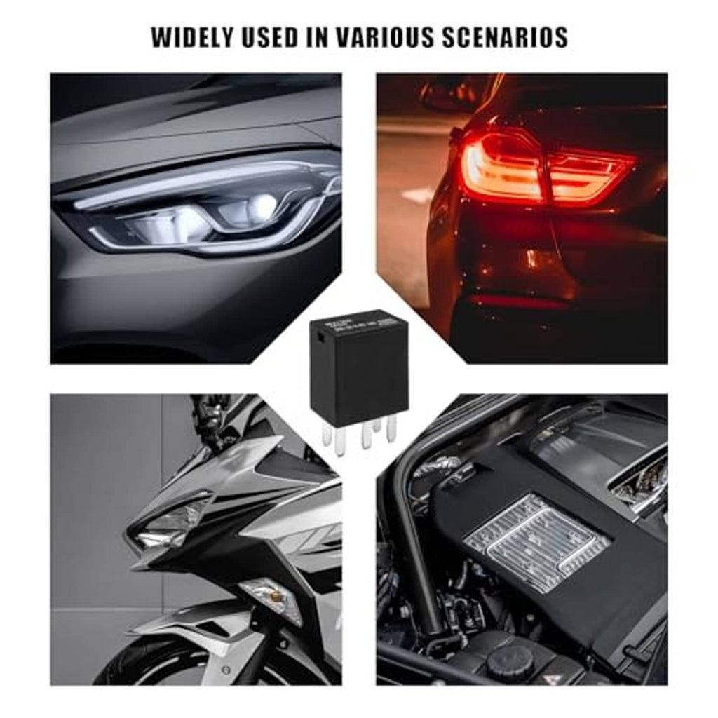 Black five-pin automotive relay with top label, shown beside car headlight and tail light