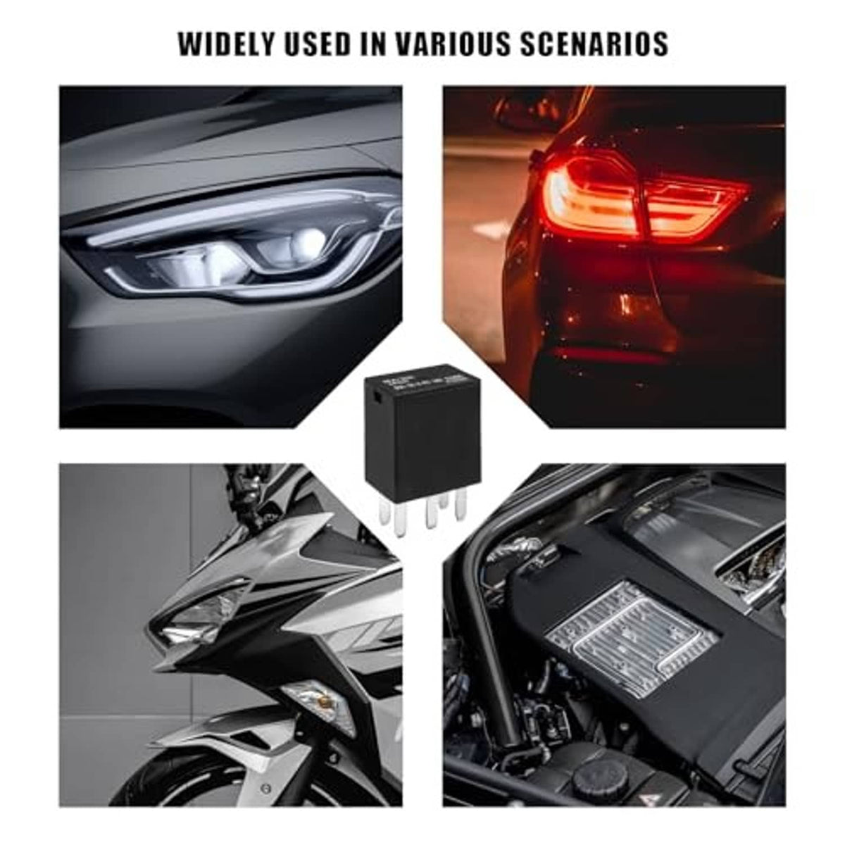 Black five-pin automotive relay with top label, shown beside car headlight and tail light