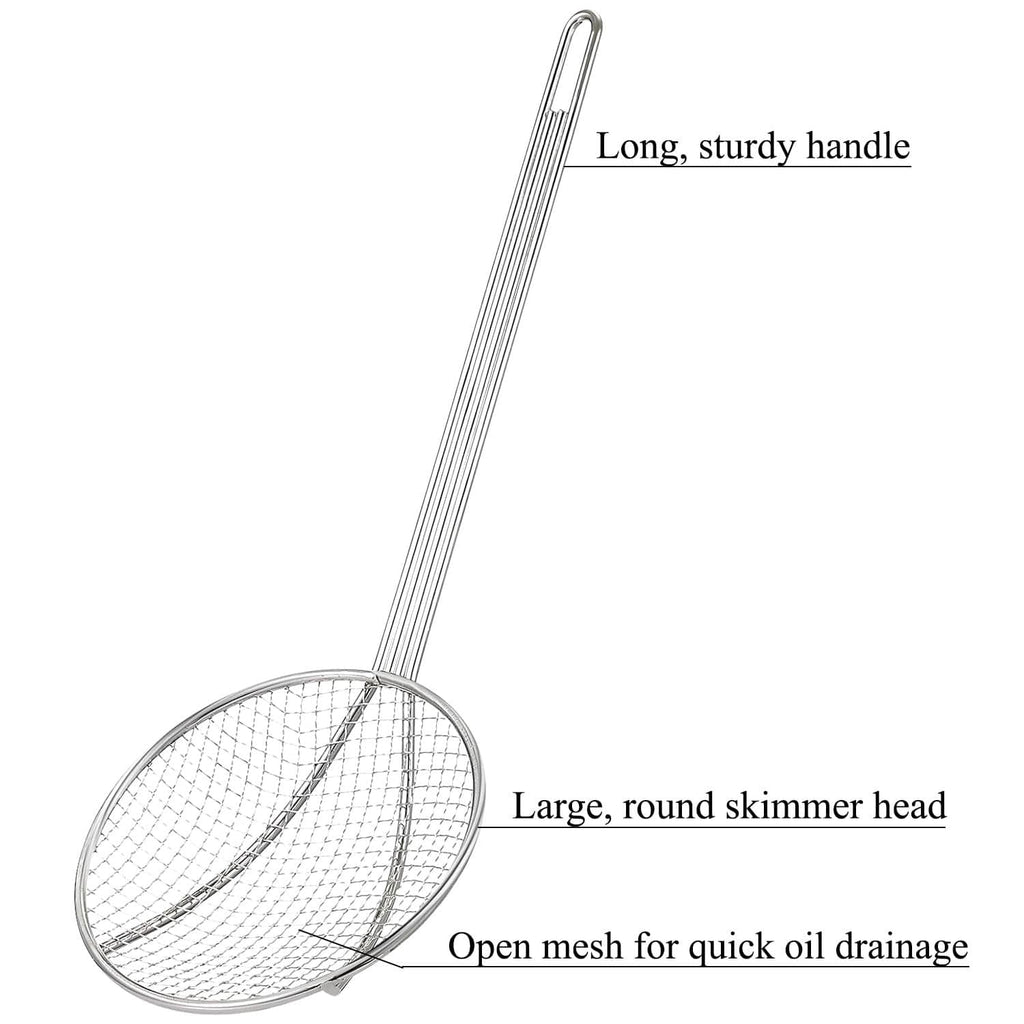 Long sturdy handle with large round mesh skimmer head for draining oil
