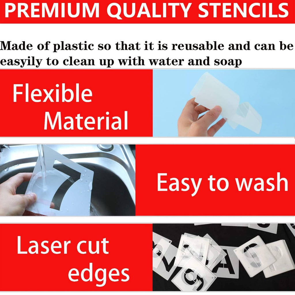 Reusable stencil set packaging showing flexible plastic material and laser-cut stencil edges