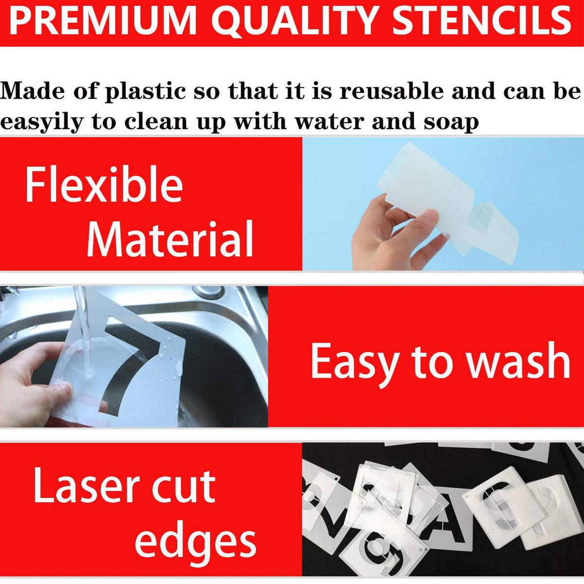 Reusable stencil set packaging showing flexible plastic material and laser-cut stencil edges
