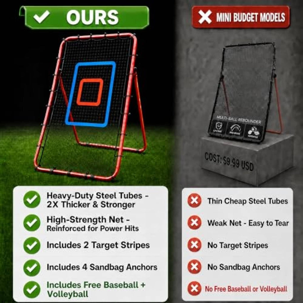 Red metal rebounder net with colored target squares and gray storage carry bag