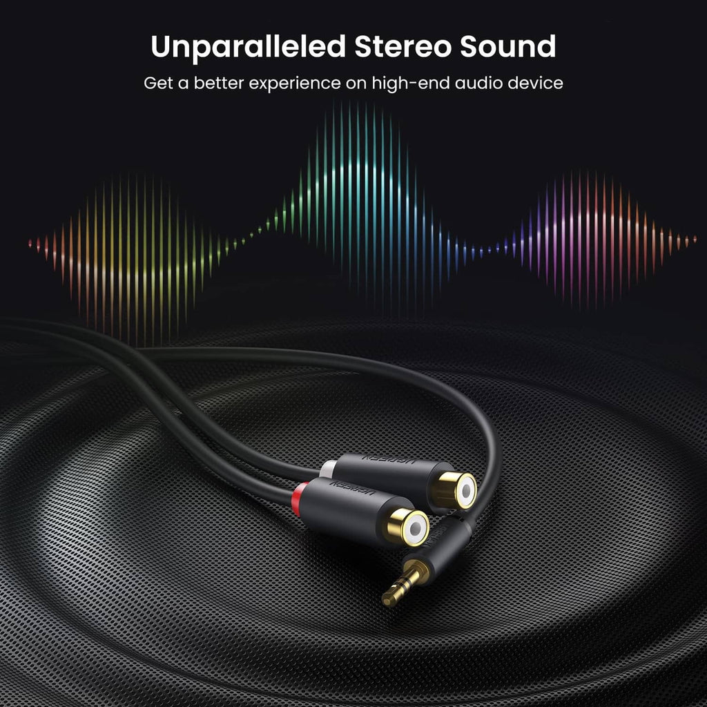 Black stereo Y adapter cable with dual gold RCA plugs and 3.5mm gold connector