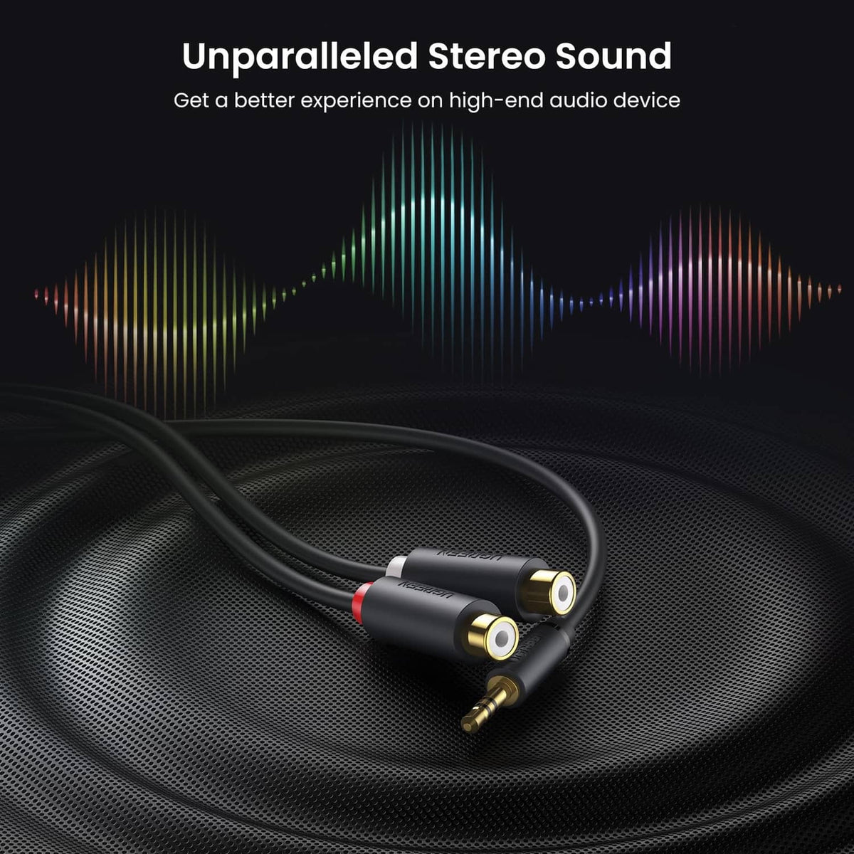 Black stereo Y adapter cable with dual gold RCA plugs and 3.5mm gold connector