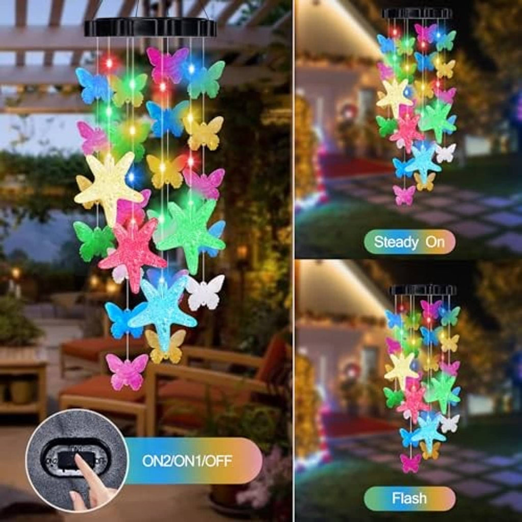 Colorful butterfly and starfish solar wind chime with steady and flash lighting
