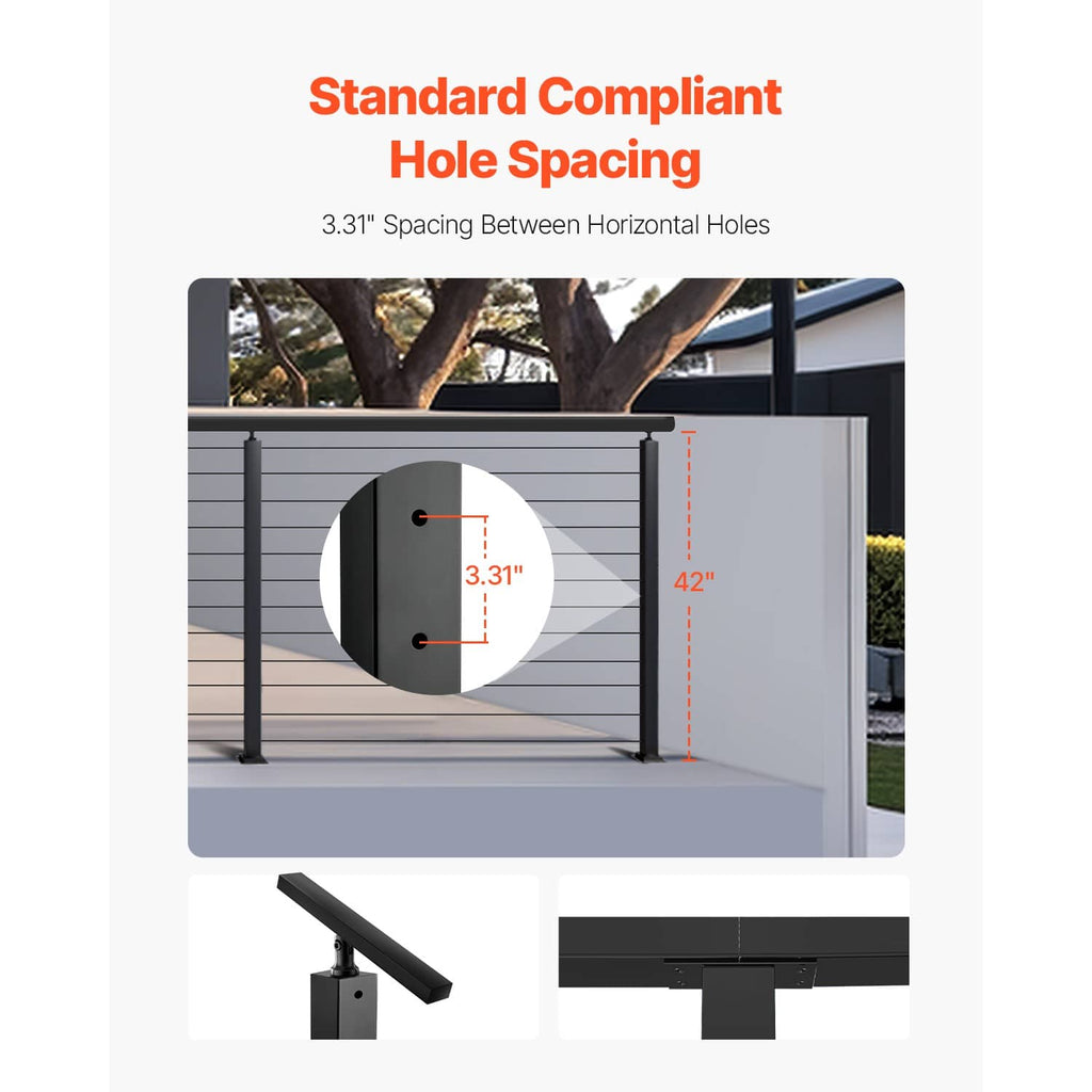 Cable railing post diagram showing standard drilled hole spacing and height
