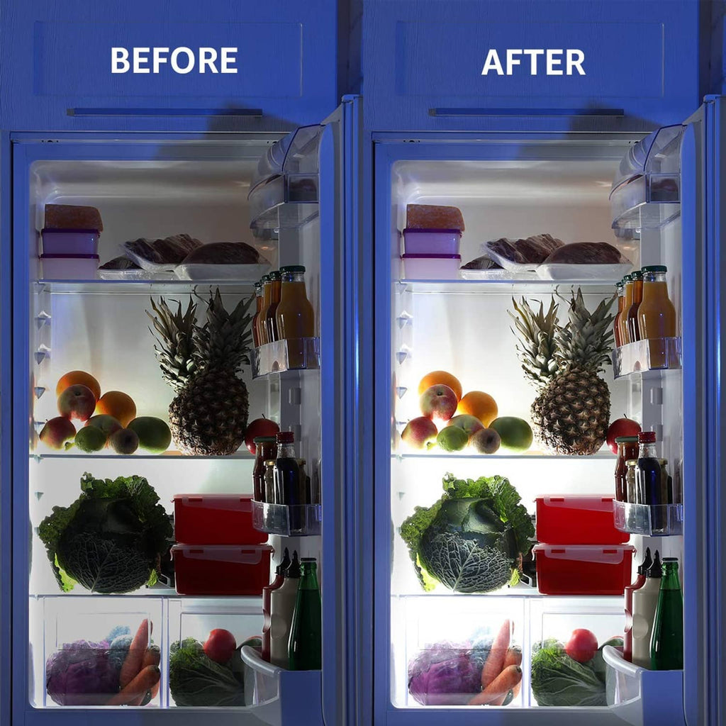 Lit refrigerator interior showing brighter LED light effect from the bulbs