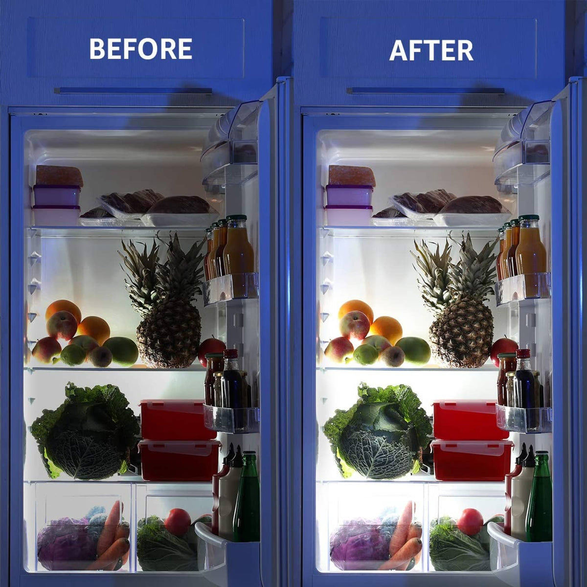 Lit refrigerator interior showing brighter LED light effect from the bulbs