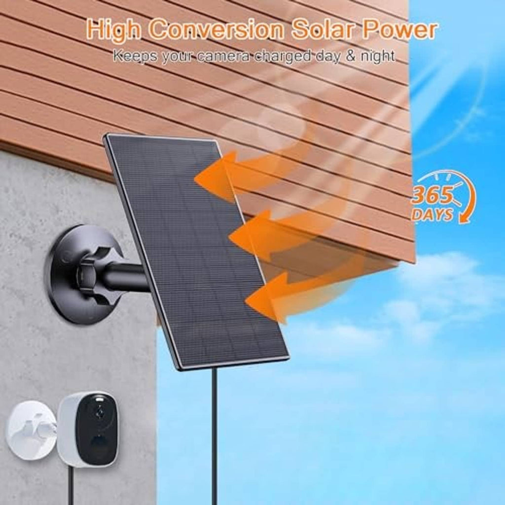 Black solar panel mounted with adjustable stand for continuous camera charging