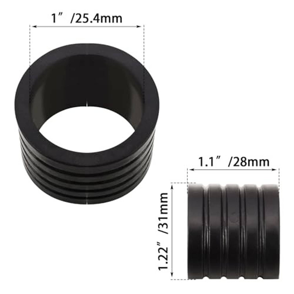 Black ribbed highway peg mount spacer bushing, side and cross-section dimensions view