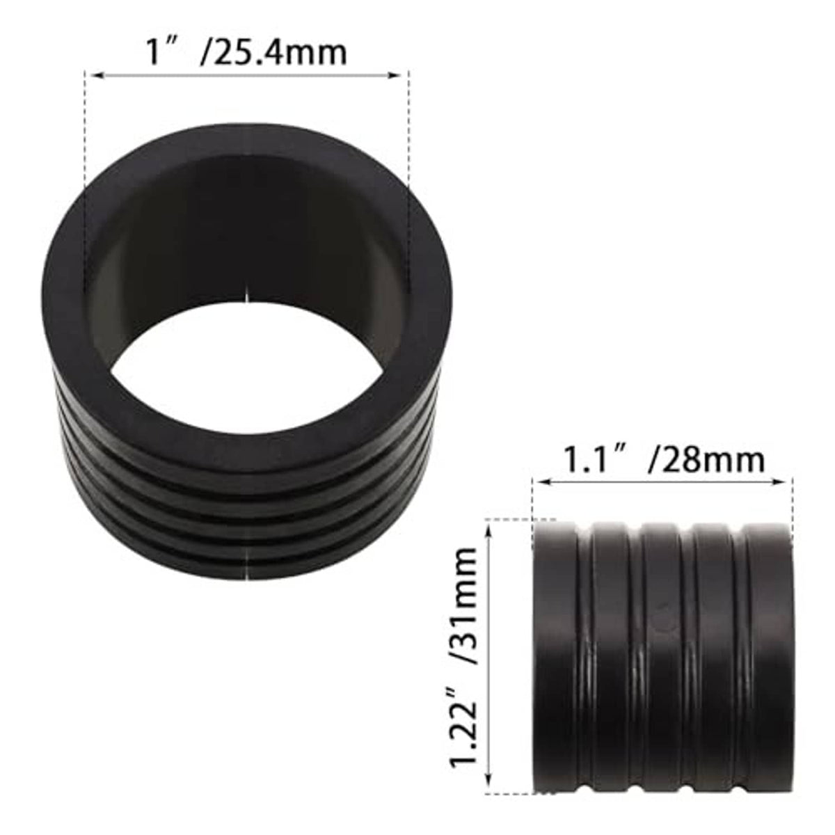 Black ribbed highway peg mount spacer bushing, side and cross-section dimensions view