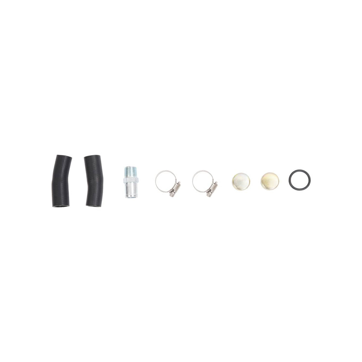Water pump replacement kit items: hoses, fittings, rings, and small connector parts
