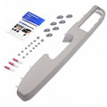 Gray front door armrest repair kit bracket with screws, gaskets, and guide paper