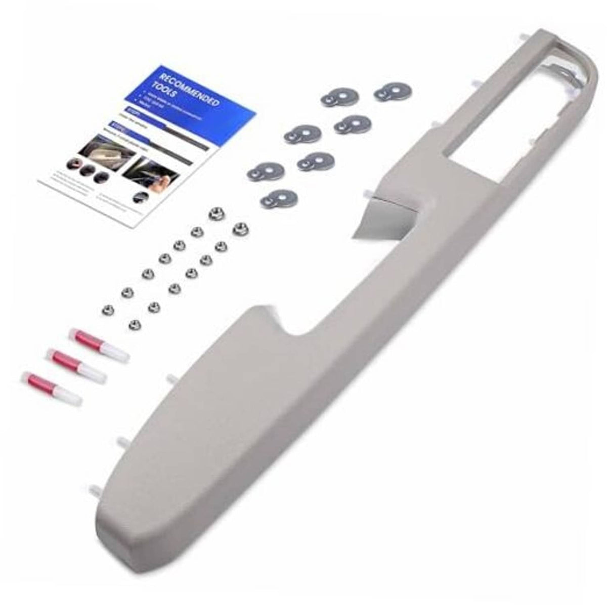 Gray front door armrest repair kit bracket with screws, gaskets, and guide paper