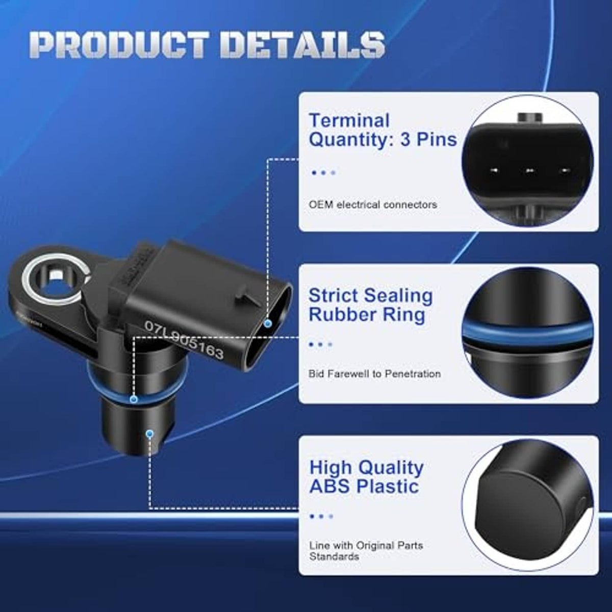 Black ABS camshaft position sensor with 3-pin terminal and rubber sealing ring