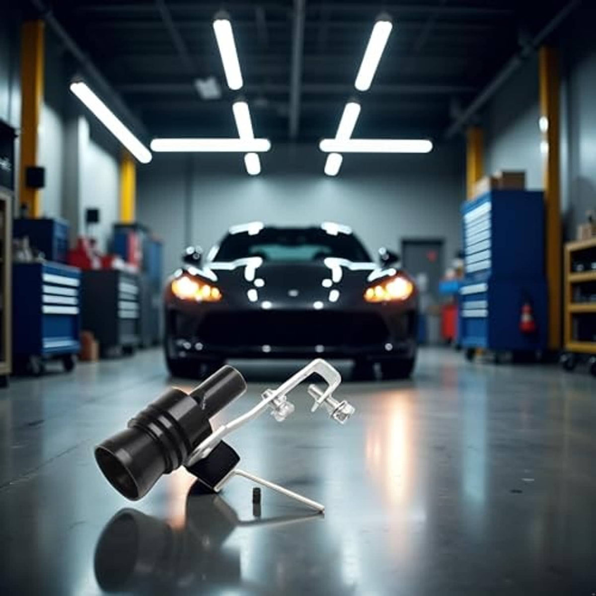 Universal turbo sound muffler pipe with black nozzle, silver U-clamps and hex key