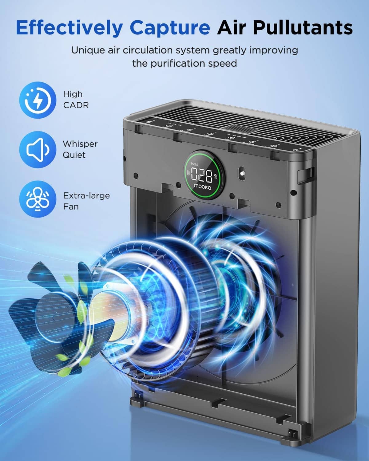 Grey MOOKA air purifier with open front fan housing and top vent