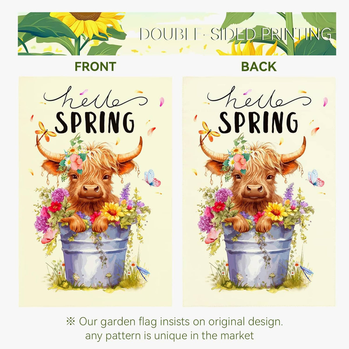 Double-sided Hello Spring garden flag with highland cow front and back designs