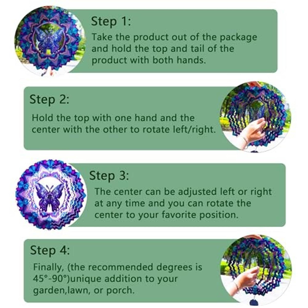 Butterfly wind spinner rosette with butterfly center shown with step-by-step graphic