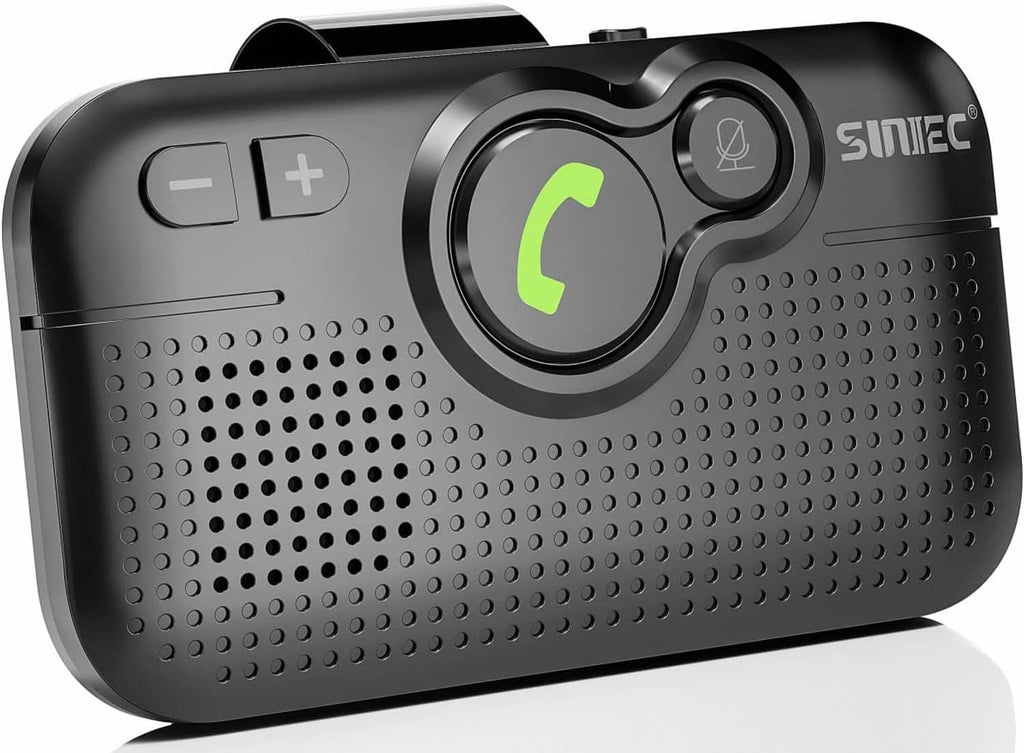 Black Bluetooth car handsfree kit speaker with call button, mic, and speaker grille
