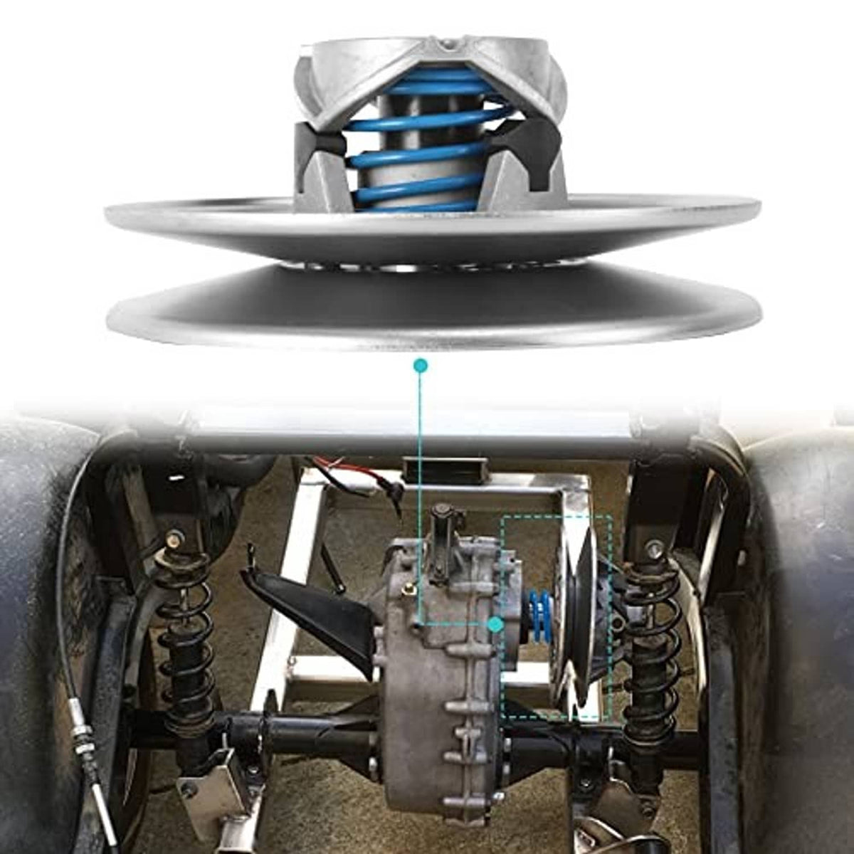 Driven clutch assembly mounted under a golf cart chassis with visible springs