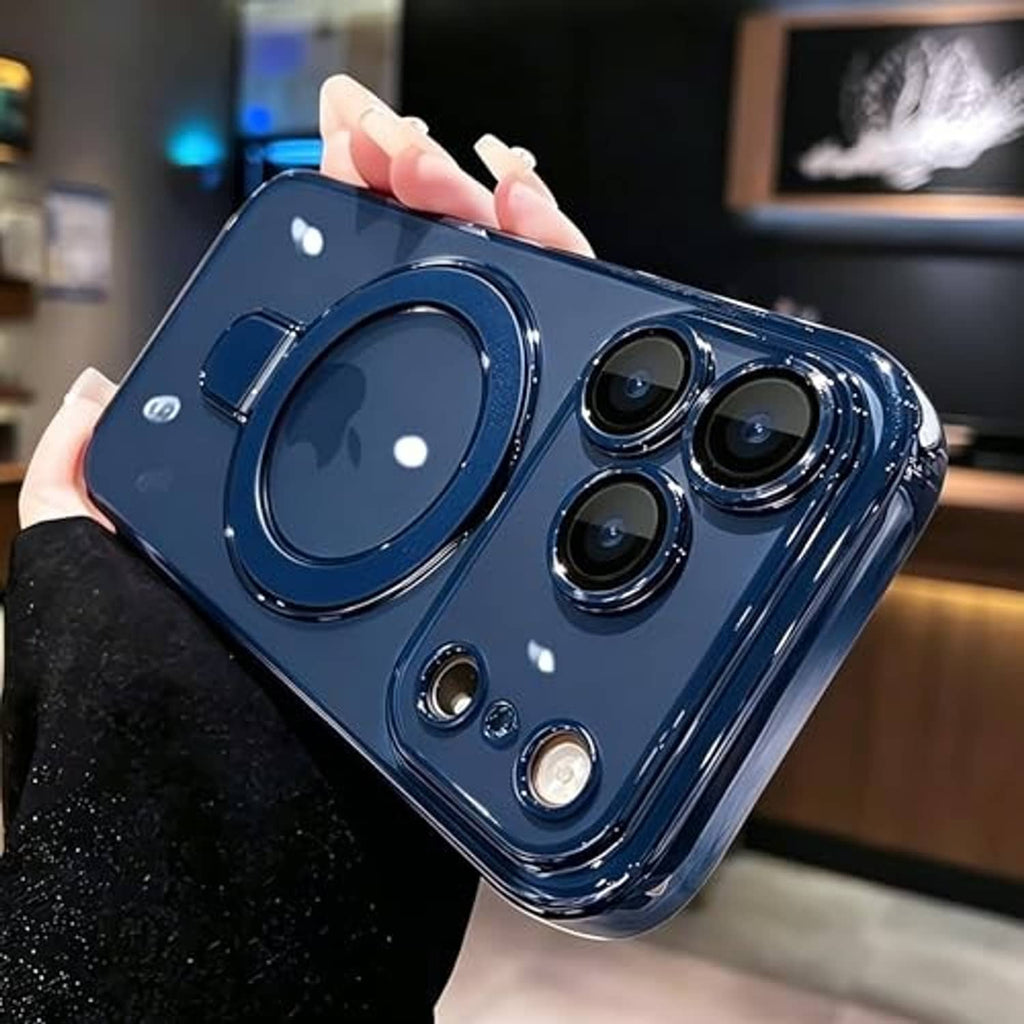 Blue magnetic phone case with ring mount and cutouts for quad rear cameras
