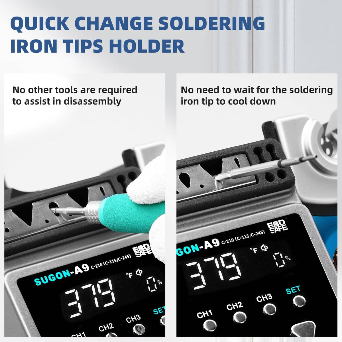 Soldering iron tip holder with quick-change slot and LCD temperature display