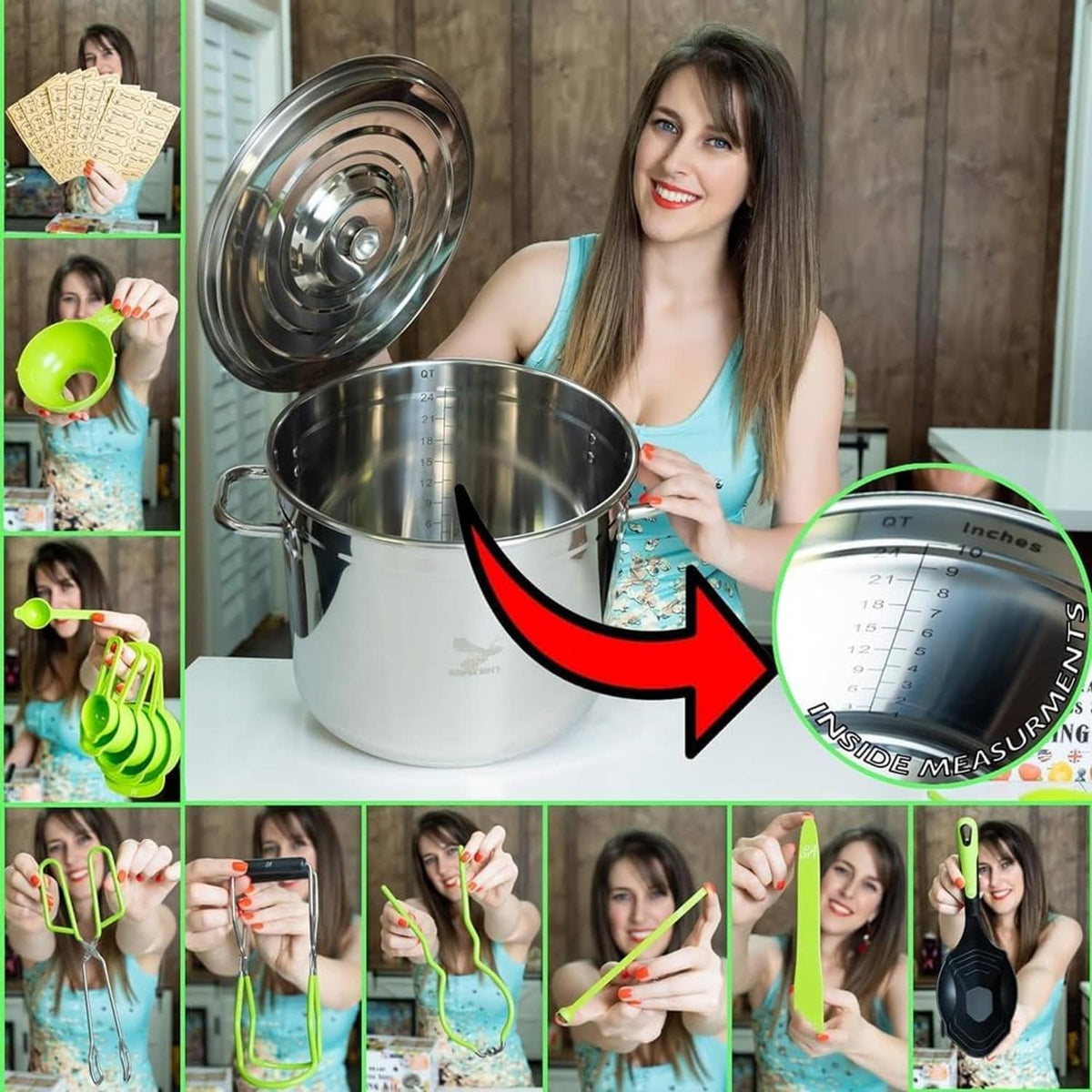 Stainless steel canning pot and rack with green tools shown in a collage layout